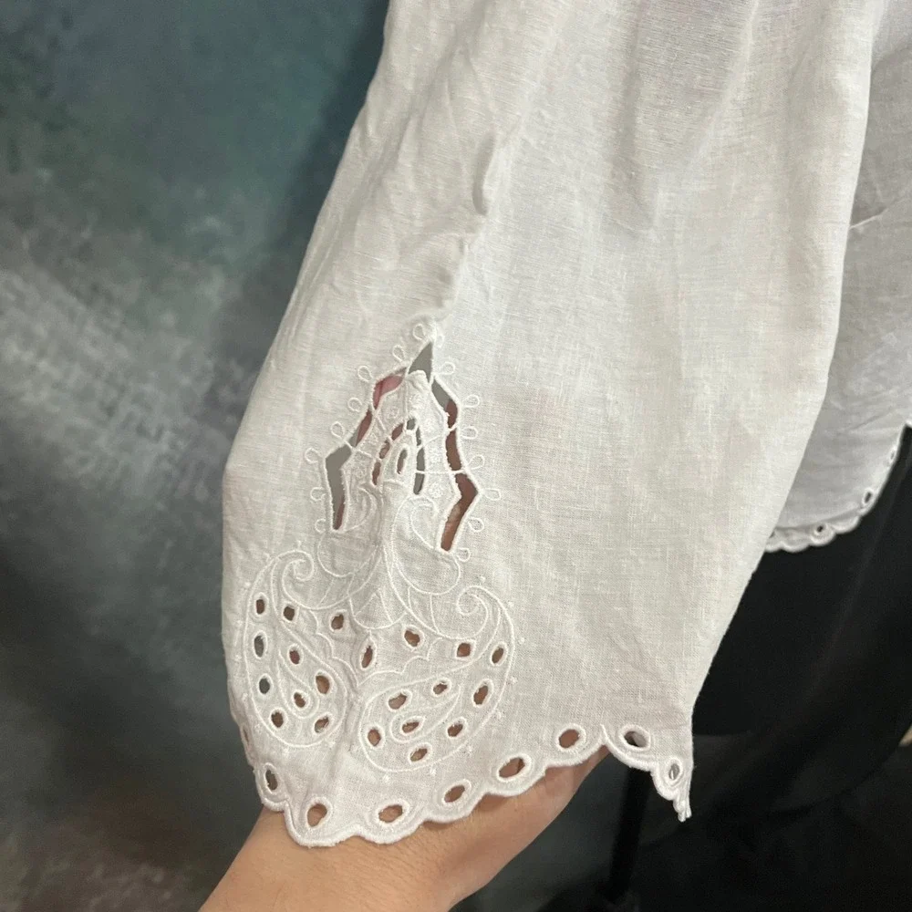 H&M White Linen Blend Eyelet Crochet Blouse 3/4 Puff Sleeve Scalloped Crop Top M